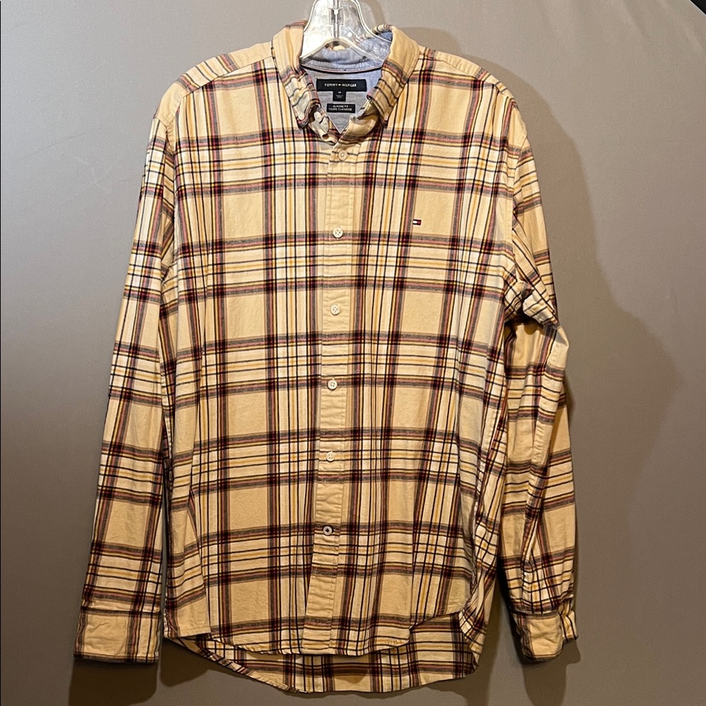 Tommy Hilfiger Men's Beige and Brown Plaid Shirt